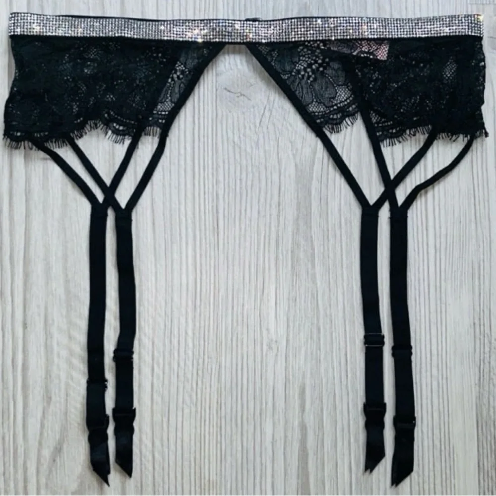 💎VS Very Sexy Black Lace Bling Push Up Bra With Matching Garter Belt Set NWT✨
